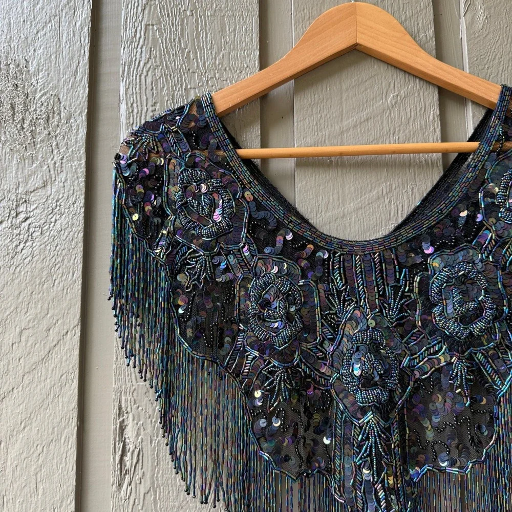Vintage Beaded Fringe Capelet Shawl Womens Iridescent Floral One Size Black